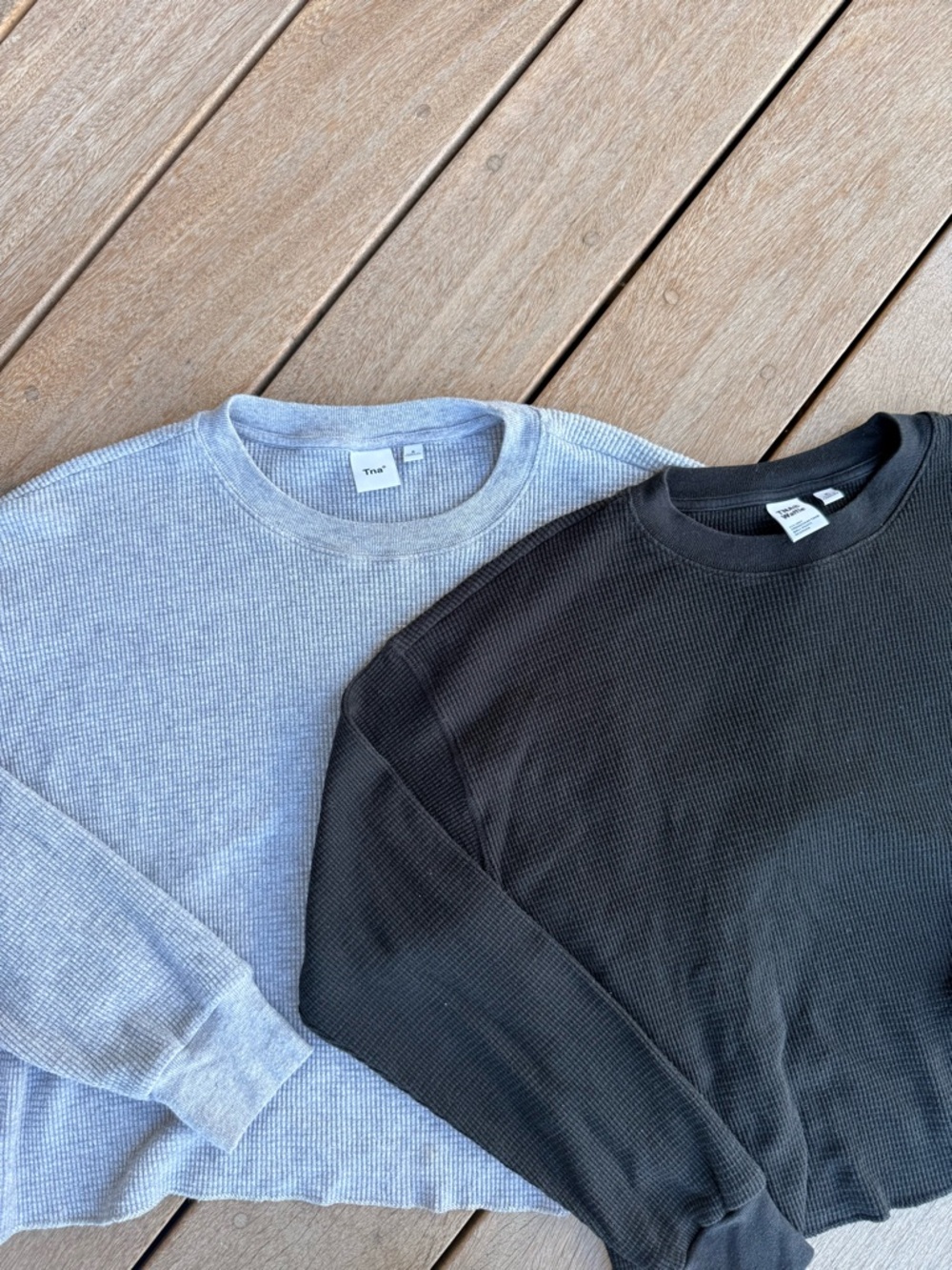 TNA Bundle of cropped Cozy Waffle Thermal Long Sleeve Shirts - Gray & Black
